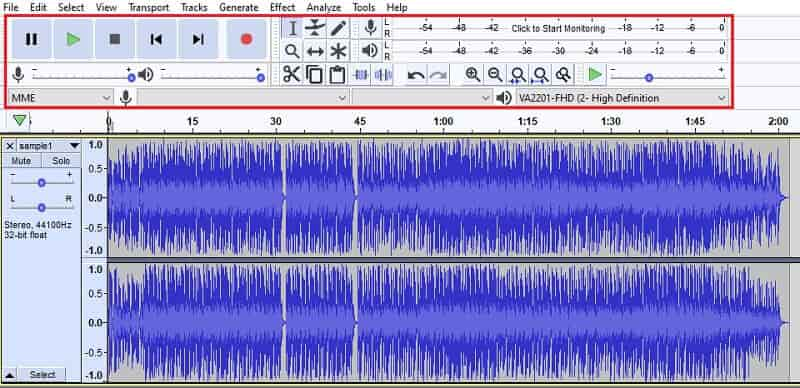 La barre de menu de Audacity