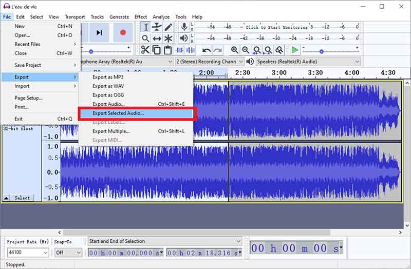 Exporter la musique dans Audacity