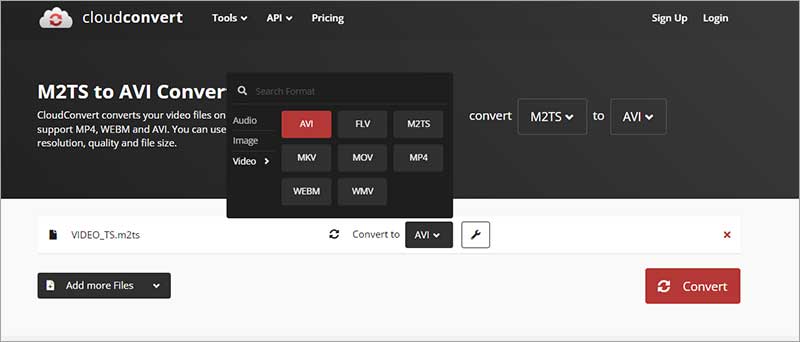 Choisir AVI comme le format de sortie sur CloudConvert