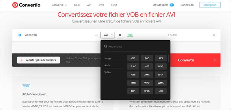 Choisir AVI comme le format de sortie sur Convertio