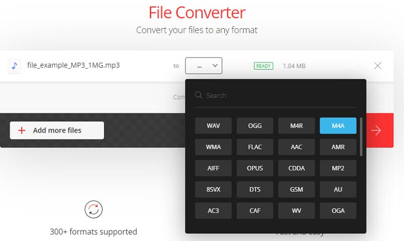 Convertio Sélectionner le format de sortie