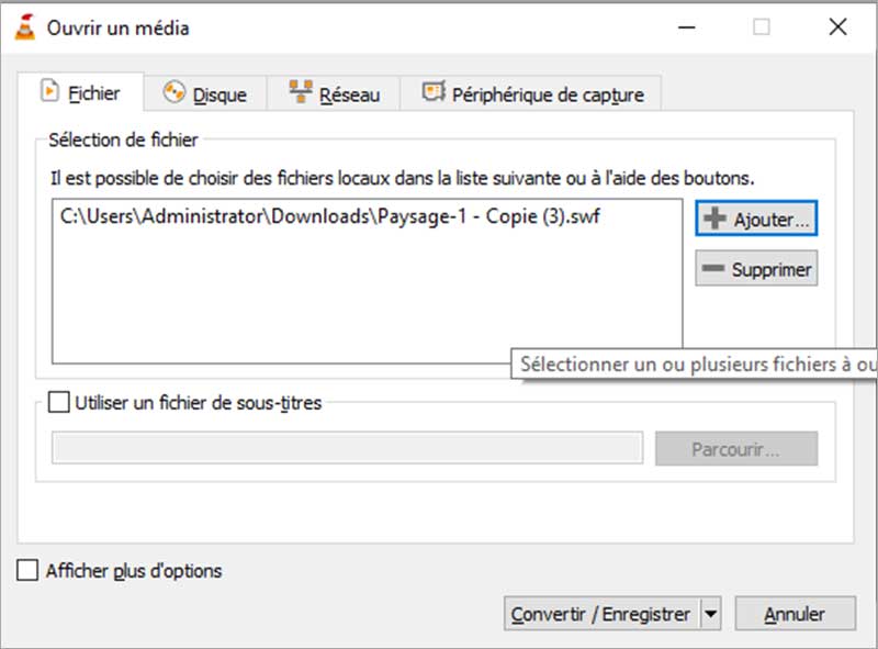 Ajouter le fichier SWF sur VLC