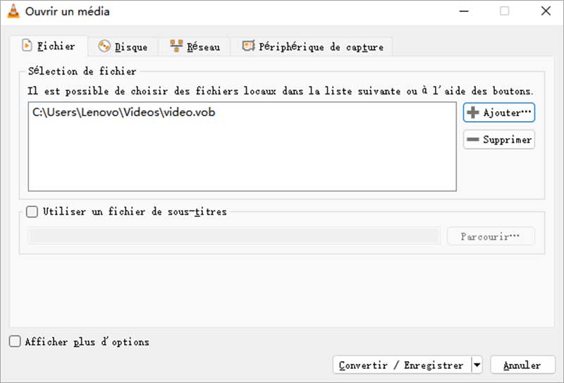 Ajouter le fichier VOB sur VLC