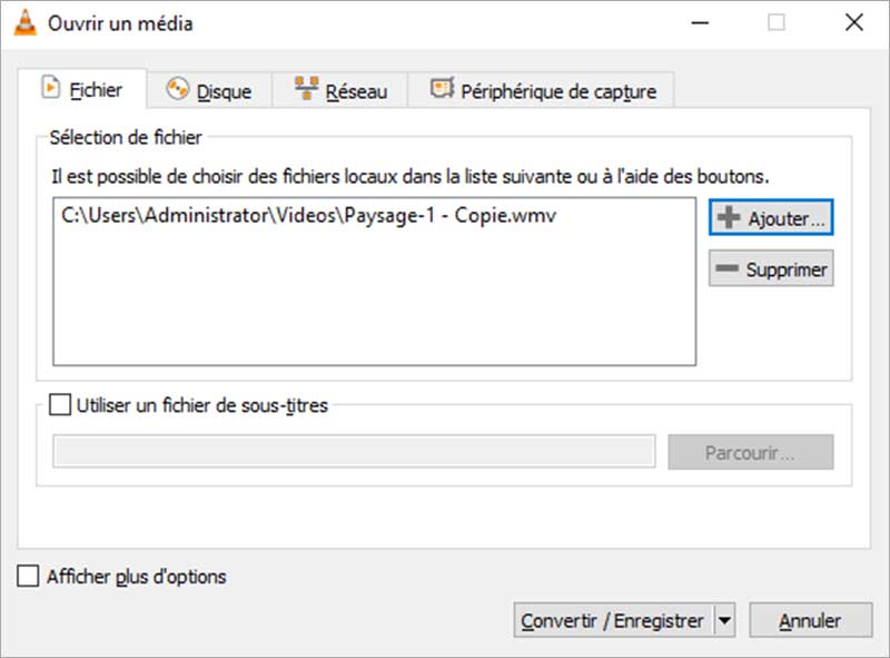 Ajouter le fichier WMV sur VLC