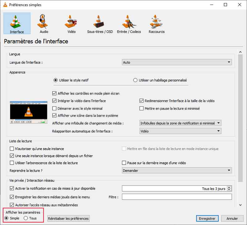 Préférences sur VLC