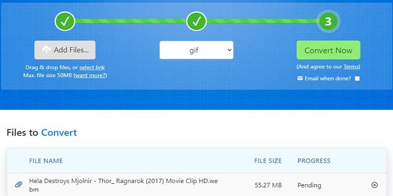 Zamzar Convertir WebM en GIF