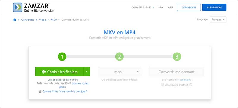 Convertir MKV en MP4 avec Zamzar