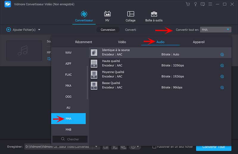 Sélectionner le format audio M4A